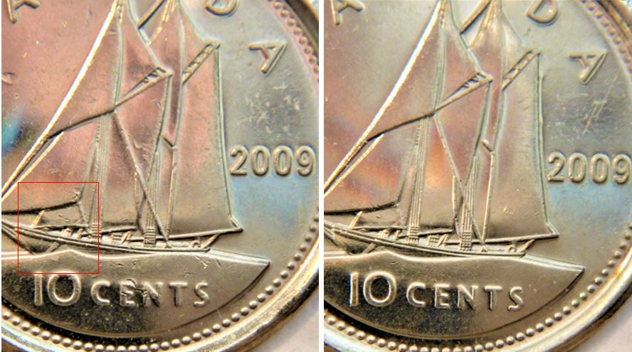 10 Cents 2009-Large dommage sur le voilier et la voile et un éclat coin se cacher sous la voile-2.,.JPG