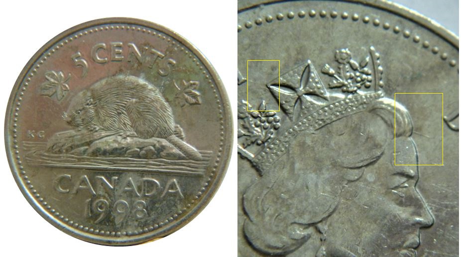5 Cents 1998-Dommage du coin sur front de effigie-1.JPG