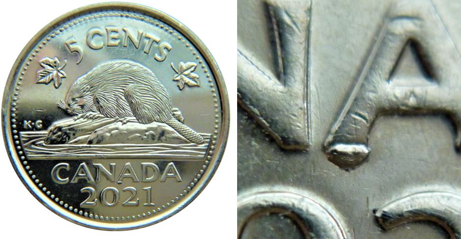 5 Cents 2021-Éclat coin sous A de canAda-1.JPG