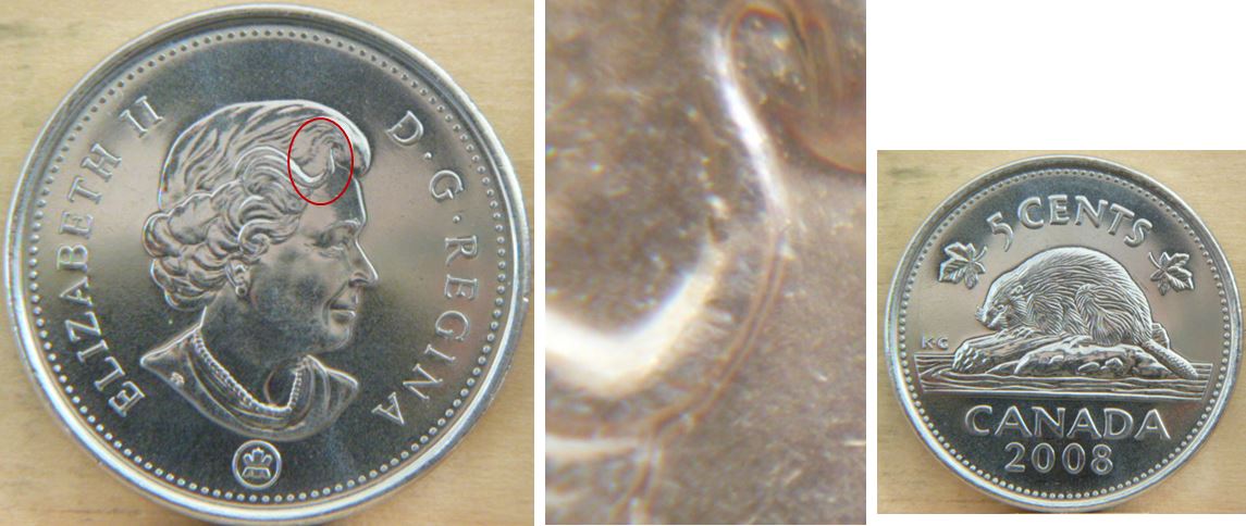 5 Cents 2008- Éclat de coin dans les cheveux effigie-1.JPG