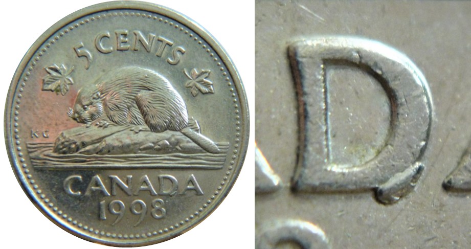 5 Cents 1998-Éclat coin sous D de canaDa-No2,.jpg