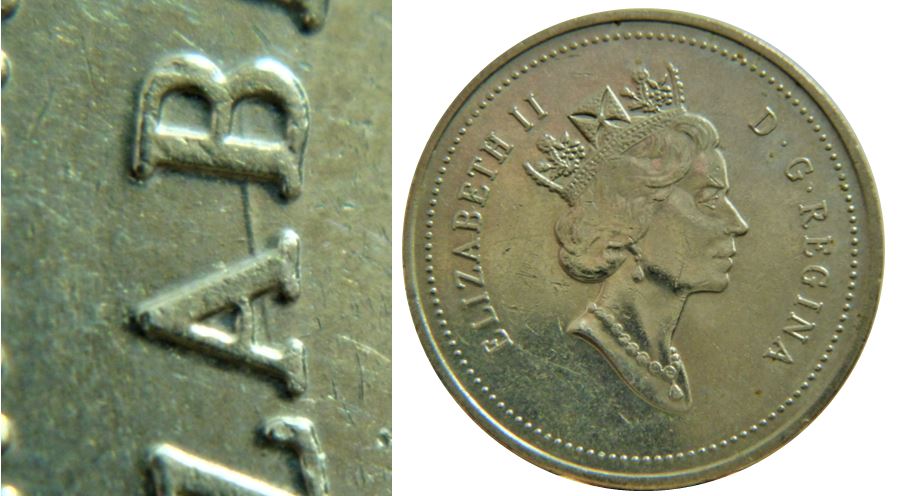 5 Cents 1995-Dommage du coin à travers AB de elizABeth-2.JPG