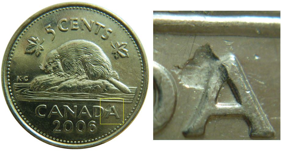 5 Cents 2006-Frappe à travers sur A de canadA-1.JPG