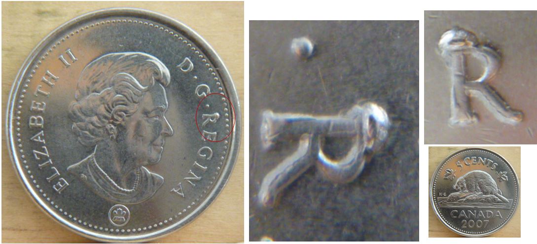 5 Cents 2007-Éclat de coin rus R de Regina.JPG