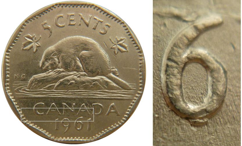5 Cents 1961-Éclat coin sous 61-Défaut de placage sous CAN-1.JPG