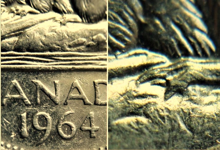 5 Cents 1964 Griffe additionnel-éclat coin patte arrière-No.1.JPG
