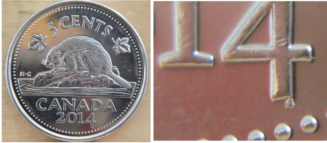 5 Cents 2014-Éclat de coin sous 4+Frappe a traver visage effigie-1.JPG