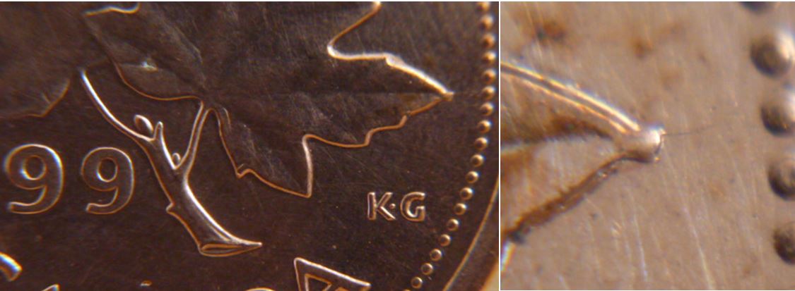 1 Cent 1999- Éclat de coin bout feuille droite-1.JPG