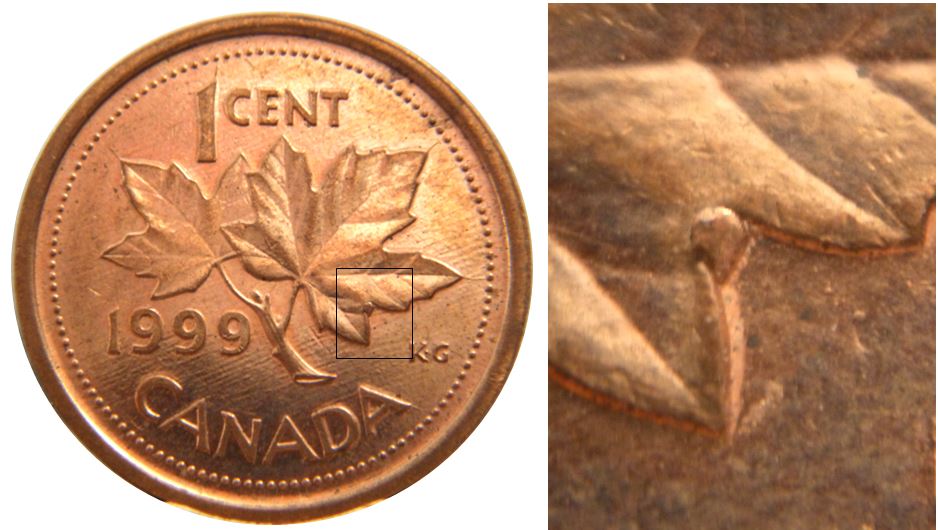 1 Cent 1999-Éclat coin dans lobe feuille droite-1.JPG