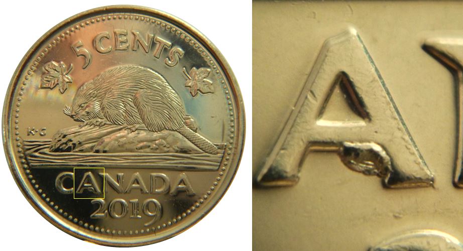 5 Cents 2019-Éclat coin sous A de cAnada-No.1.JPG