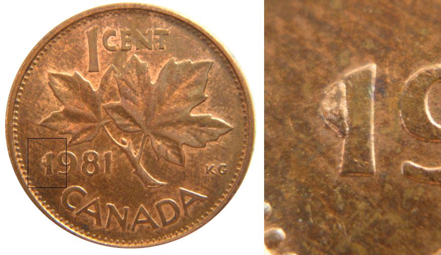 1 Cent 1981-Éclat coin sur premier 1 de 1981-No.1,.JPG