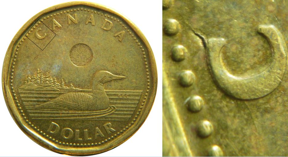1 Dollar 2016-Coin fendillé C de Canada-Éclat sur front de effigie-1,.JPG