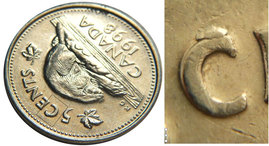 5 Cents 1998-Éclat coin sur C de Cents et Coin obturé sur le castor-1.JPG
