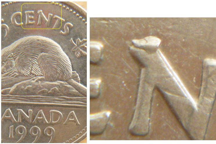 5 Cents 1999-Éclat sur N de ceNts.JPG