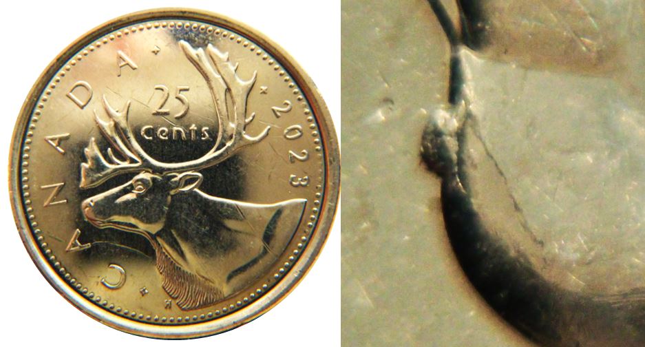 25 Cents 2023-Éclat coin au menton coin fendillé-1.JPG