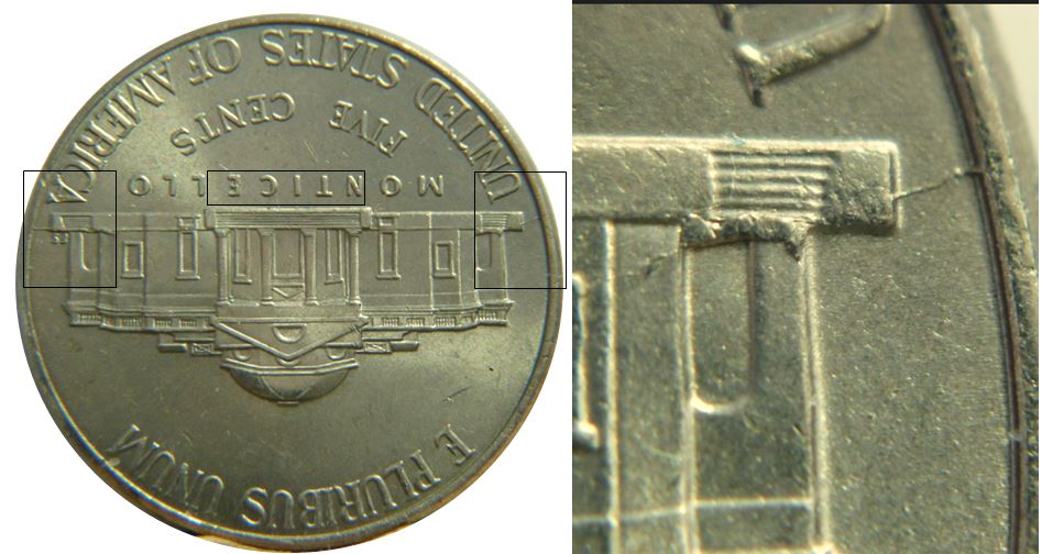 5 Cent 2011p USA-Coin fendillé des deux coté du  Mémorial-Entrechoque en dessous-2.JPG