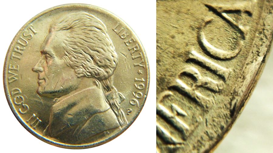 5 Cents 1996p usa-Coin cassé sous RIC-1,.JPG