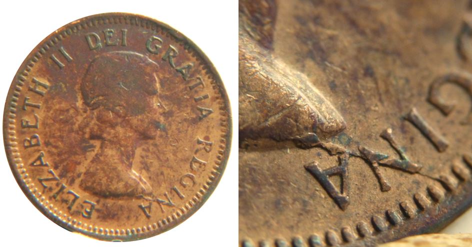 1 Cents 1953nsf-3 Suspendu+coin fendillé à travers N regiNa-1.JPG