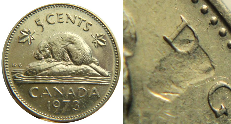 5 Cents 1973-Frappe à travers sur D de D.g.JPG