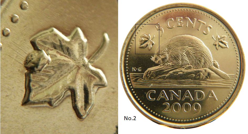 5 Cents 2009-Éclat coin dans lobe feuille gauche-No.2,.JPG