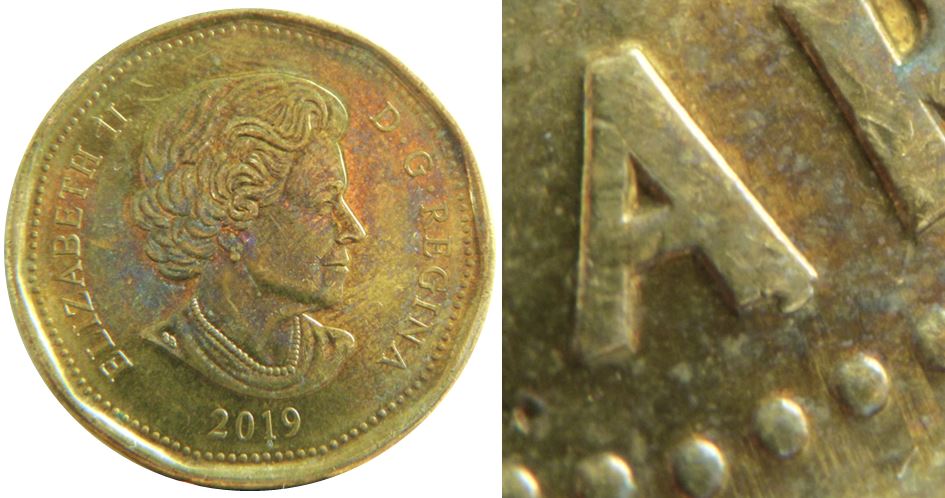 1 Dollar 2019-Éclat coin sous A de dollAr-1,.JPG