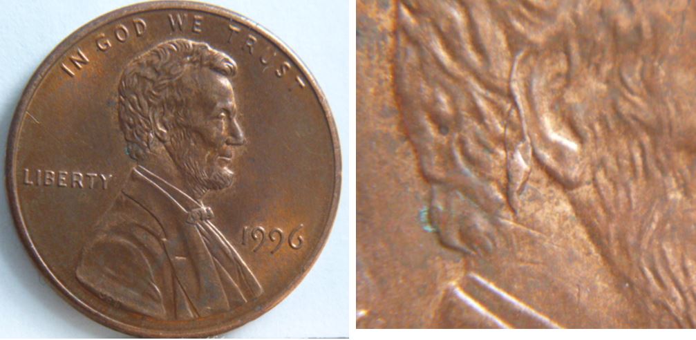 1 Cent 1996 usa-Lincoln avec  appareil auditif-grosse éclat de coin-1.JPG