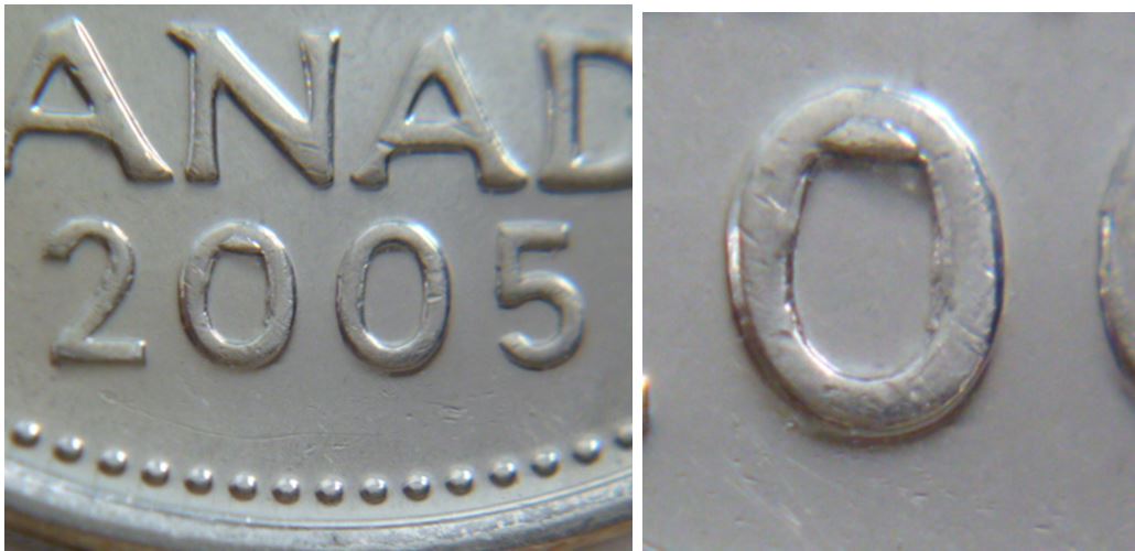 5 Cents 2005-Éclat de coin dans le premier 0 de la date.JPG