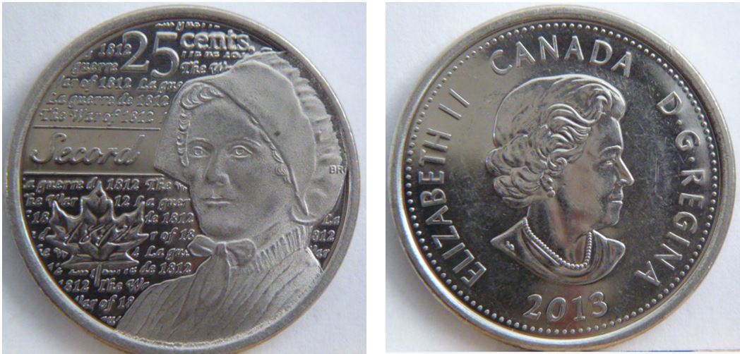 25 cents 2013 - Laura Secord-Défaut de flan près de la bouche-1.JPG