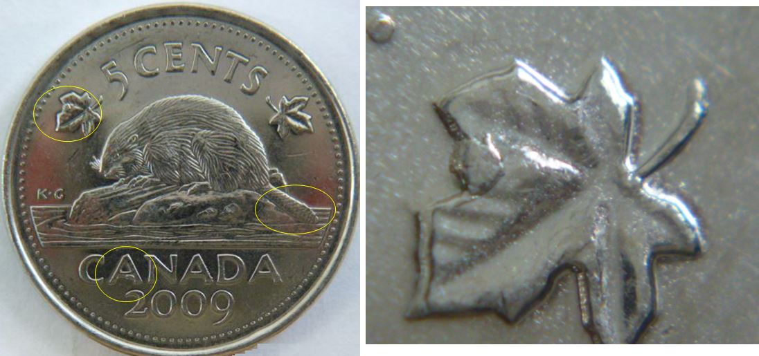 5 Cents 2009-Éclat de coin-Feuille gauche-Queue du castor+2ème A de cAnada-1.JPG