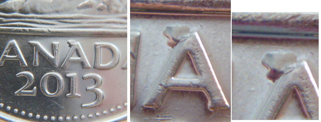 5 Cents 2013-Éclat de coin au dessus A de canAda.JPG