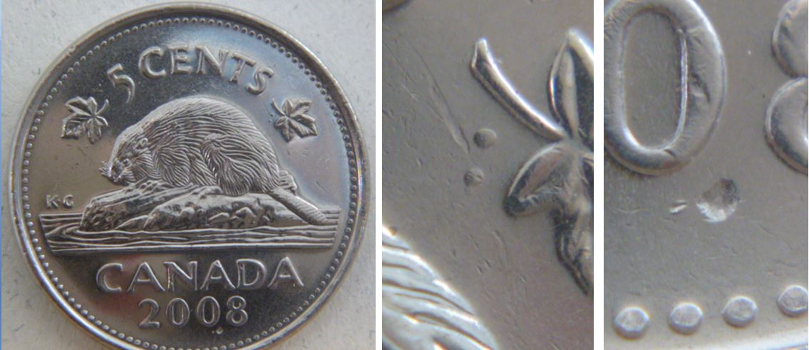 5 Cents 2008-Deux point près de la feuille droite+frappe a traver sous la date-.JPG
