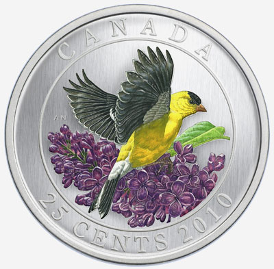 Pièce de 25 cents colorée 2010 - Le chardonneret jaune