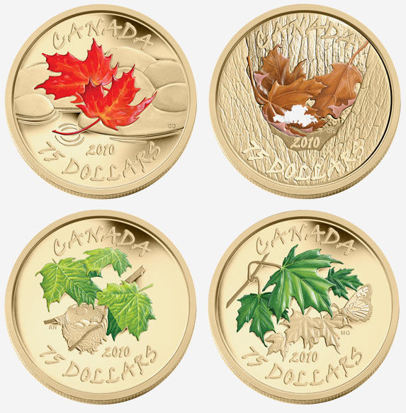 Pièce en or 14 carats feuille d'érable 2010 - Printemps, été, automne, hiver