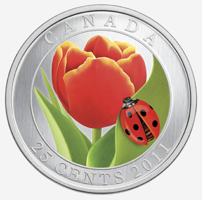 Pièce colorée de 25 cents 2011 - Tulipe et coccinelle