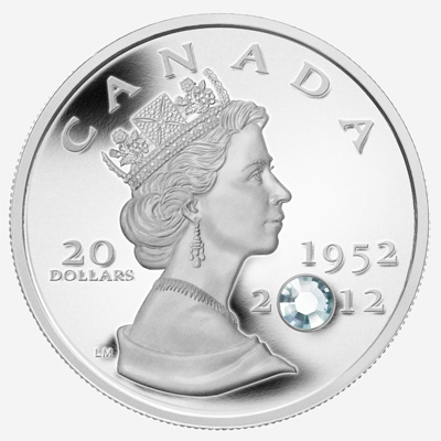 Pièce de 20 $ en argent fin 2012 - Le jubilé de diamant de la reine 1952-2012 (sertie de cristal)