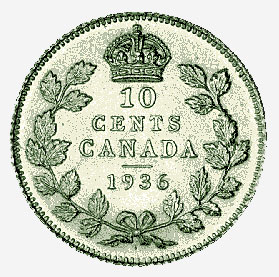 Pièce de 10 cents d'argent marquée d'un point, 1936