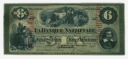 La Banque Nationale, billet de 6 $, 1870