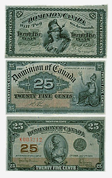Dominion du Canada, 3 shinplasters de 25 cents, 1870, 1900, 1923