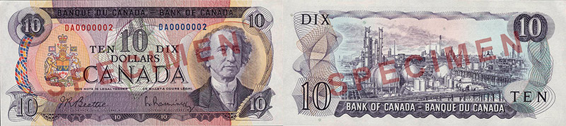 Valeur des billets de banque de 10 dollars de 1969 à 1975