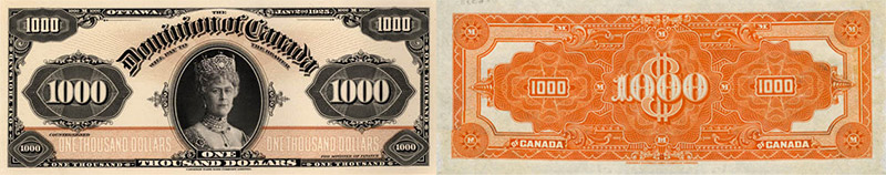 Valeur des billets de banque de 1000 dollars de 1925