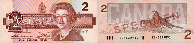 Valeur des billets de banque de 2 dollars de 1986 à 1991
