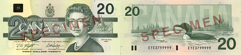 Valeur des billets de banque de 20 dollars de 1986 à 1991