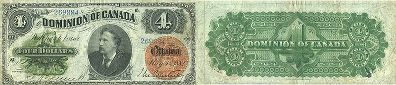 Valeur des billets de banque de 4 dollars 1882