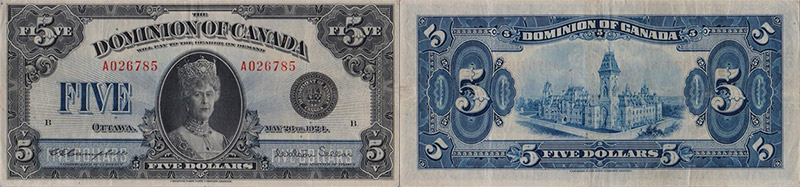 Valeur des billets de banque de 5 dollars 1924