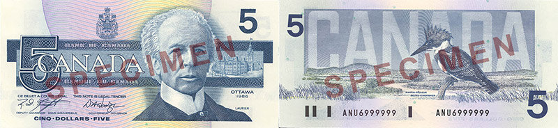 Valeur des billets de banque de 5 dollars de 1986 à 1991