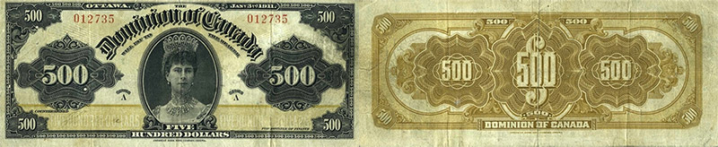 Valeur des billets de banque de 500 dollars 1911