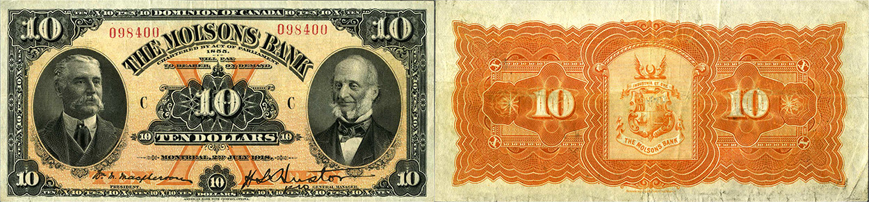 10 dollars 1918 - Molsons Bank banknotes