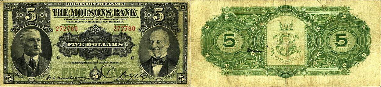 5 dollars 1918 - Molsons Bank banknotes