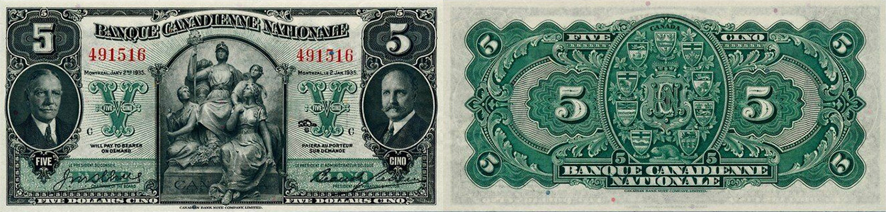 5 dollars 1935 - Banque Canadienne Nationale banknotes